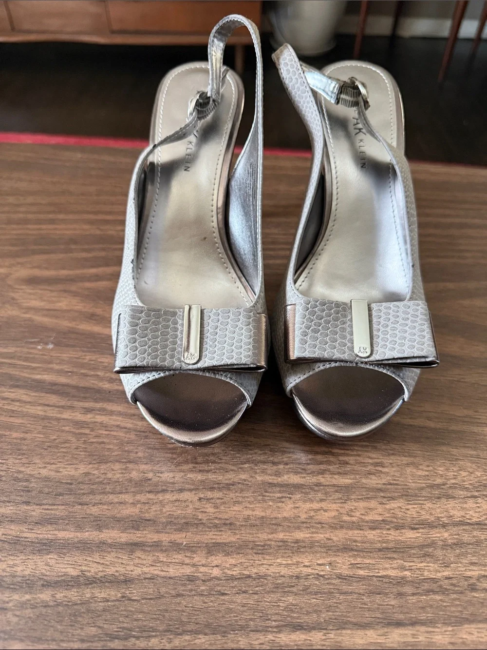 Anne Klein Metallic Silver Peep-Toe Slingback Heels with Bow Accent